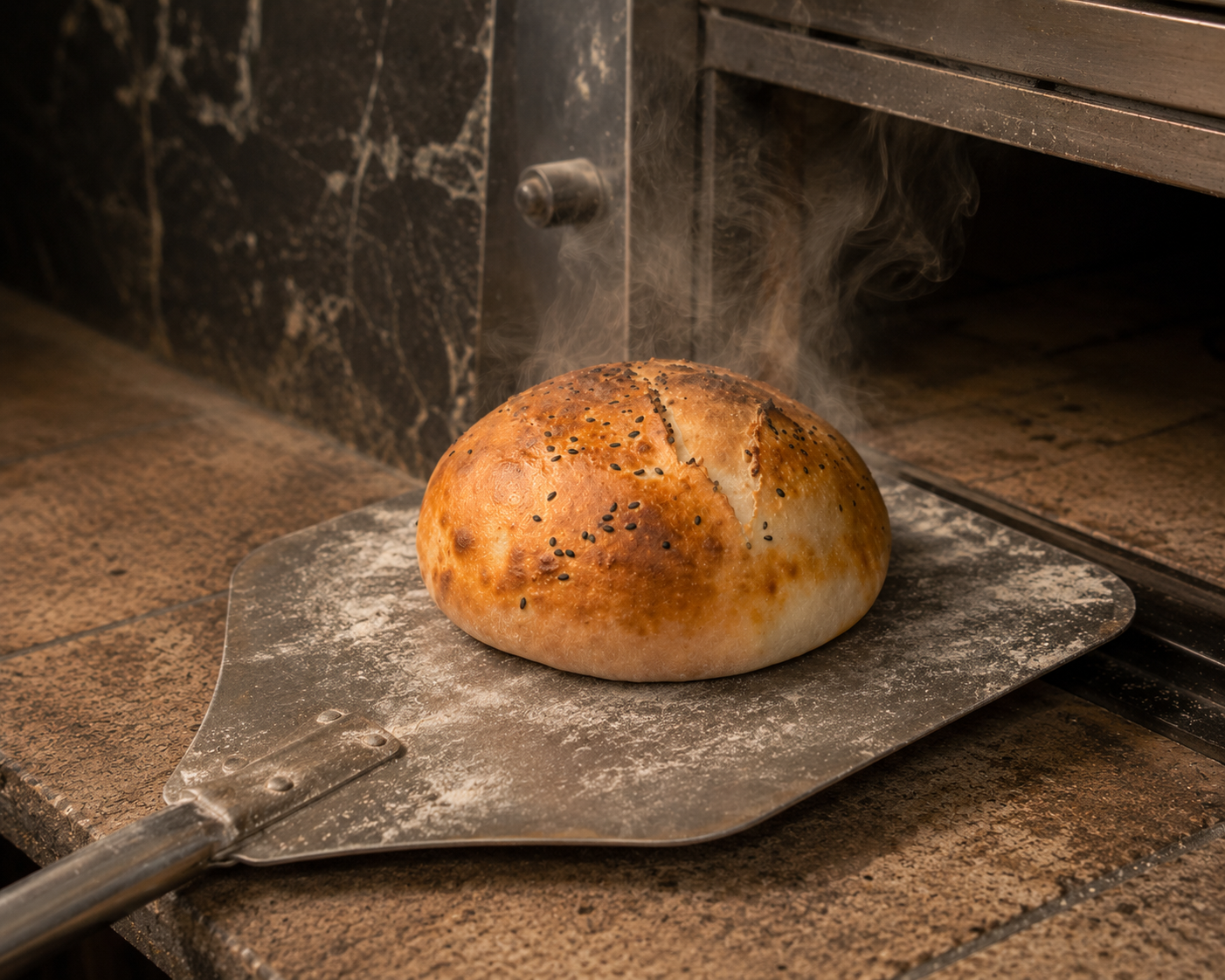 Brotbäcker beim Kneten und Formen von Fladenbrotteig mit Mehlstaub