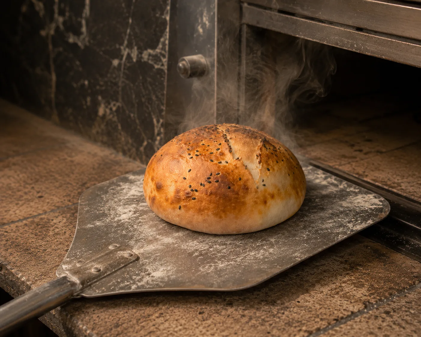 Brotbäcker beim Kneten und Formen von Fladenbrotteig mit Mehlstaub