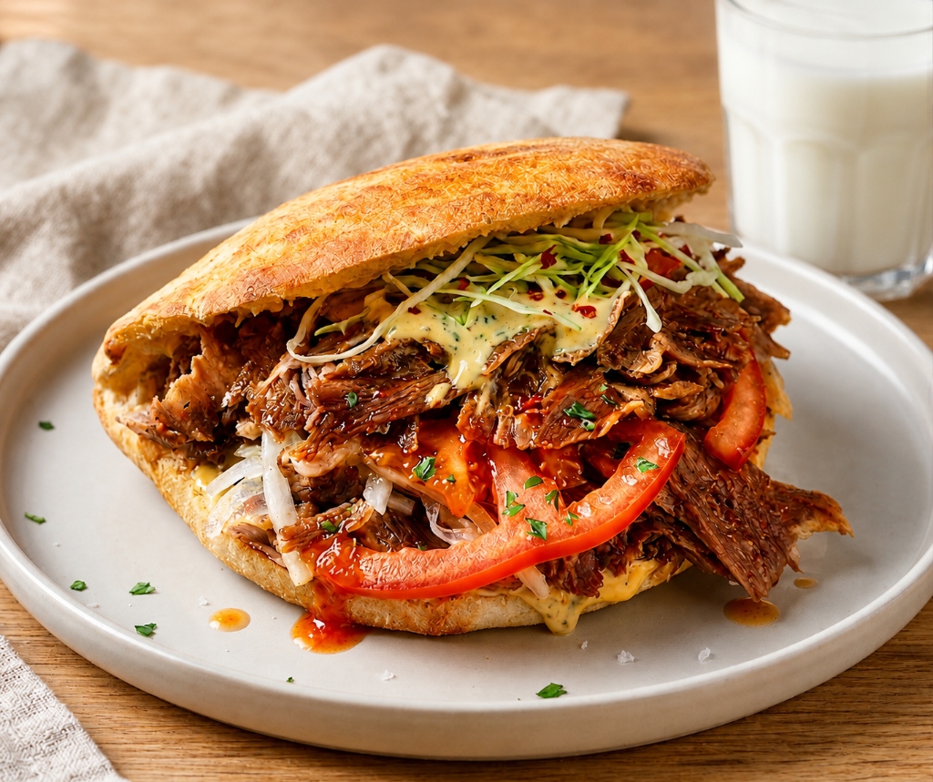 Leckerer Döner Kebab im Sandwich mit Ayran