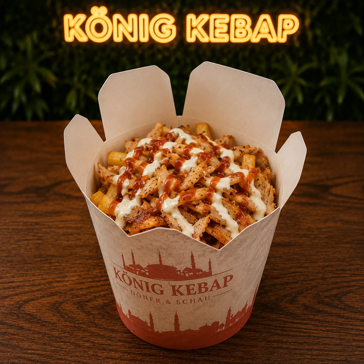 Knuspriges Hähnchenfleisch mit Pommes frites in der Box bei König Kebap Dachau