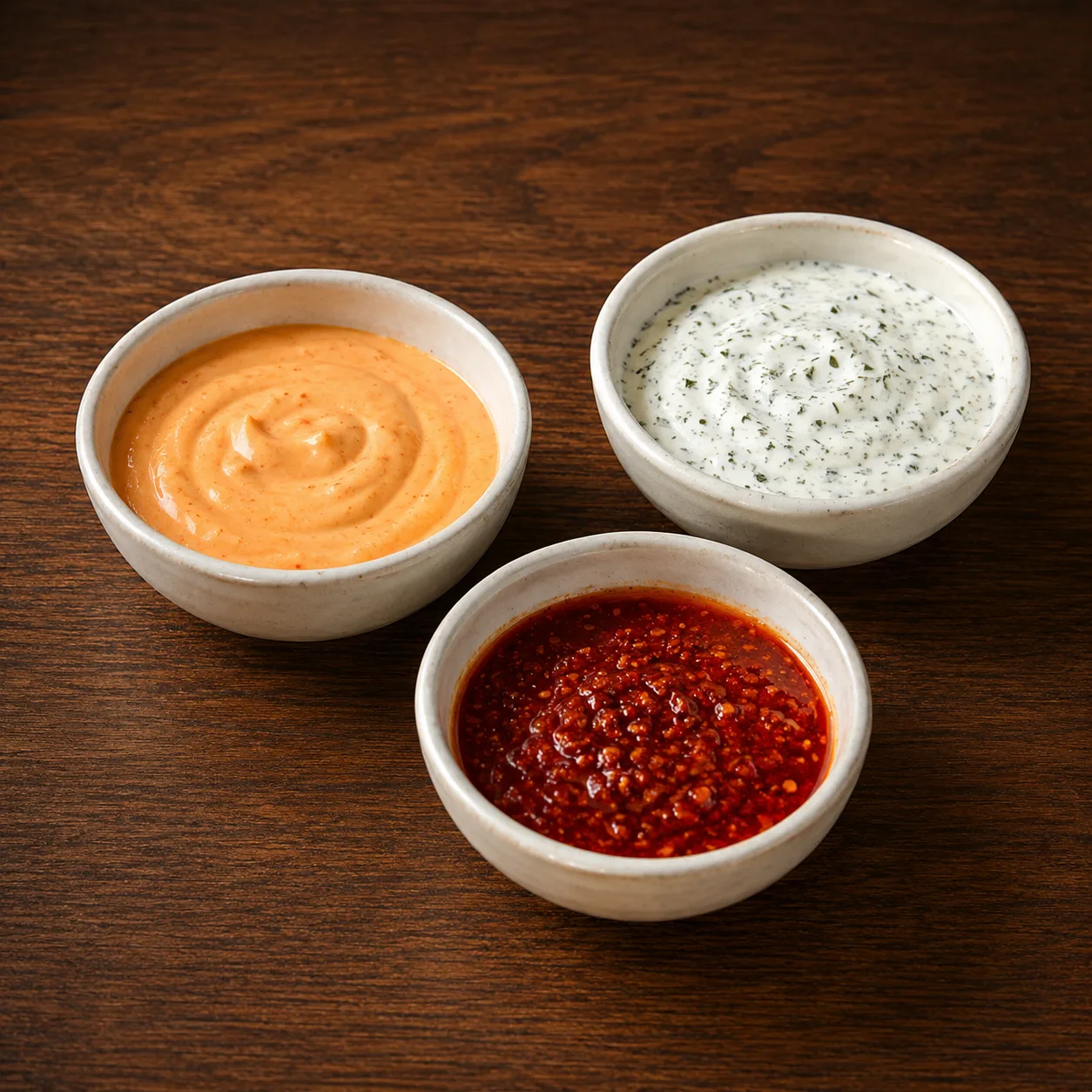 Hausgemachte Saucen von König Kebap: Cocktailsauce, Joghurtsauce und scharfe Sauce