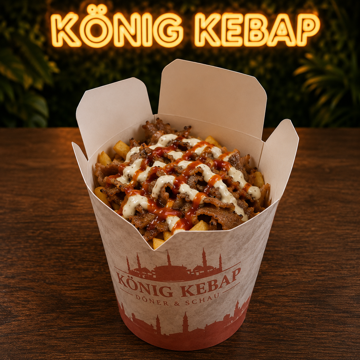 Saftiges Steakfleisch in der Steak Box mit Pommes frites und Spezialsauce bei König Kebap Dachau