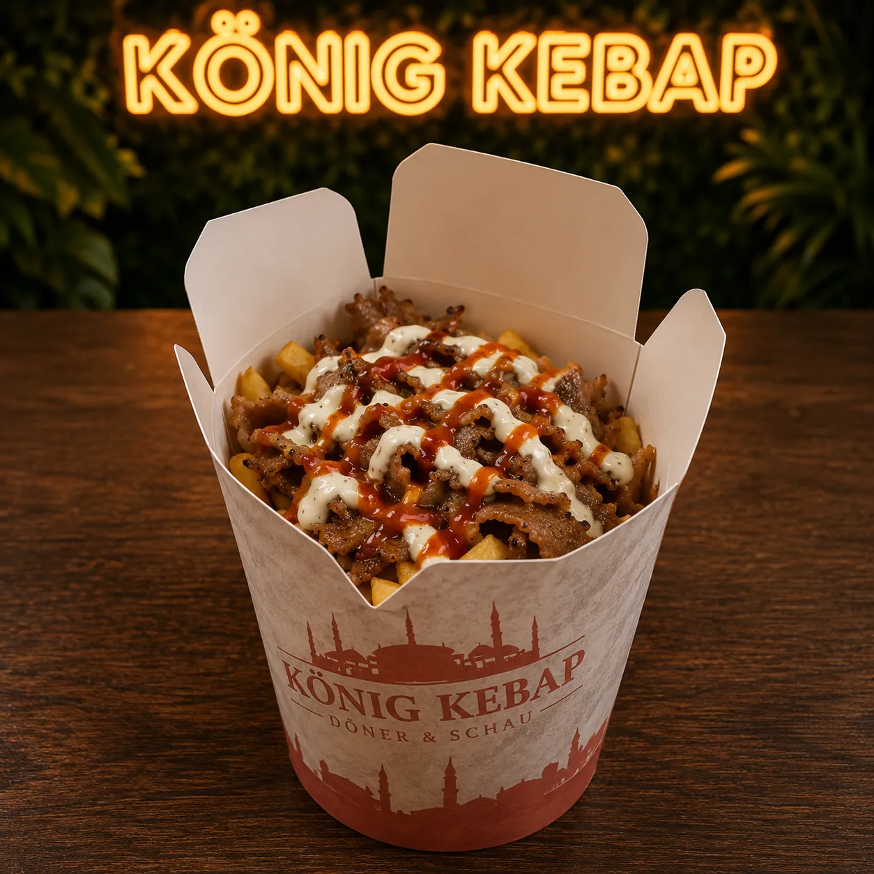 Saftiges Steakfleisch in der Steak Box mit Pommes frites und Spezialsauce bei König Kebap Dachau