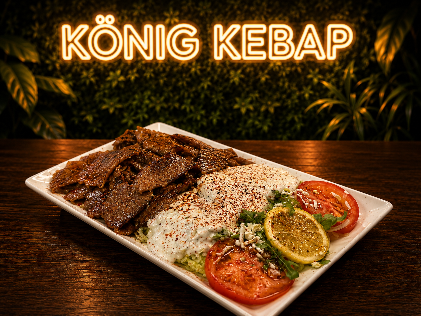 Zartes Steakfleisch auf einem Teller serviert mit Pommes und Salat bei König Kebap Dachau