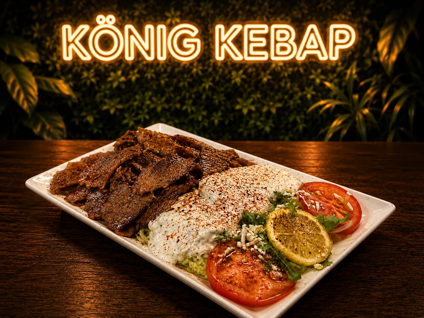 Zartes Steakfleisch auf einem Teller serviert mit Pommes und Salat bei König Kebap Dachau